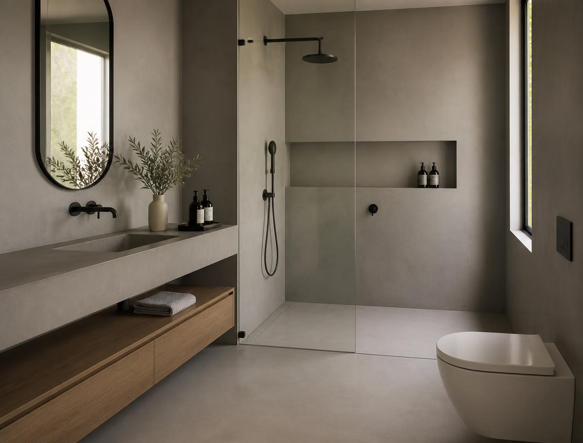 Grout-free wet area — micro cement project in Subiaco