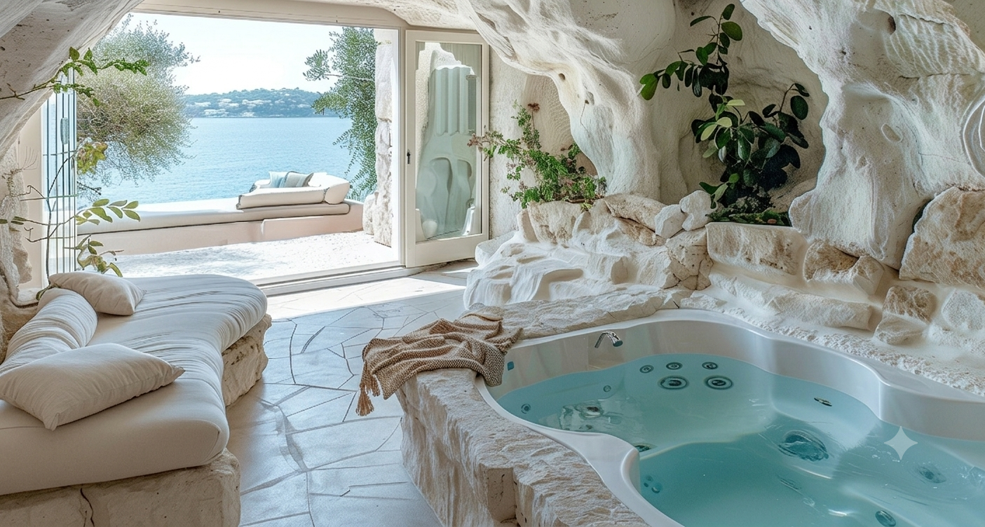 Cave-form spa suite — micro cement project in AI